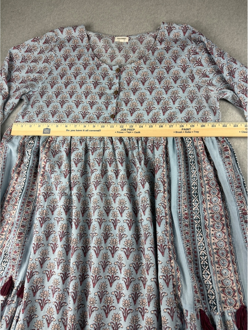 World Market L/XL Floral Maxi Dress Boho Tiered Cotton Tassel Blue - Picture 9 of 9
